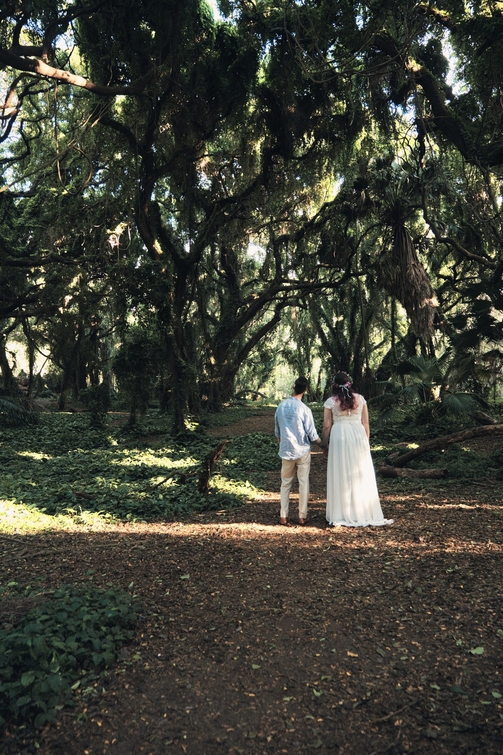 Couple eloping in the Hawaiian rainforest