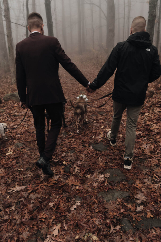 Couple hiking through the woods on their wedding day