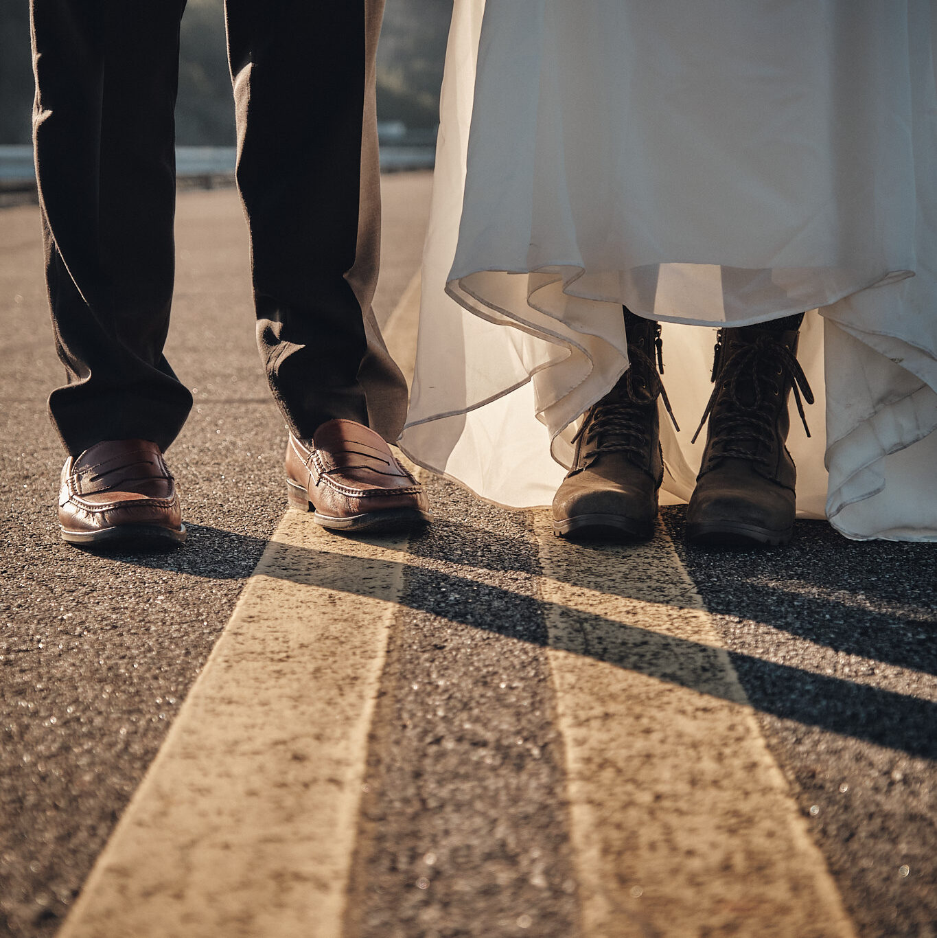 Hiking shoes under wedding attire