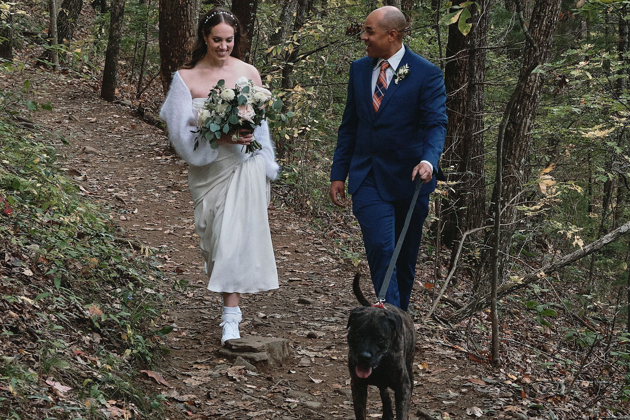 Eloping couple hiking up the mountain with their dog