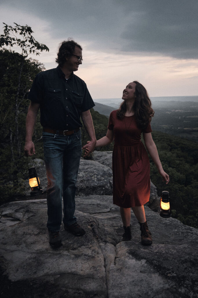 Eloping couple poses with lanterns at Lula Lake