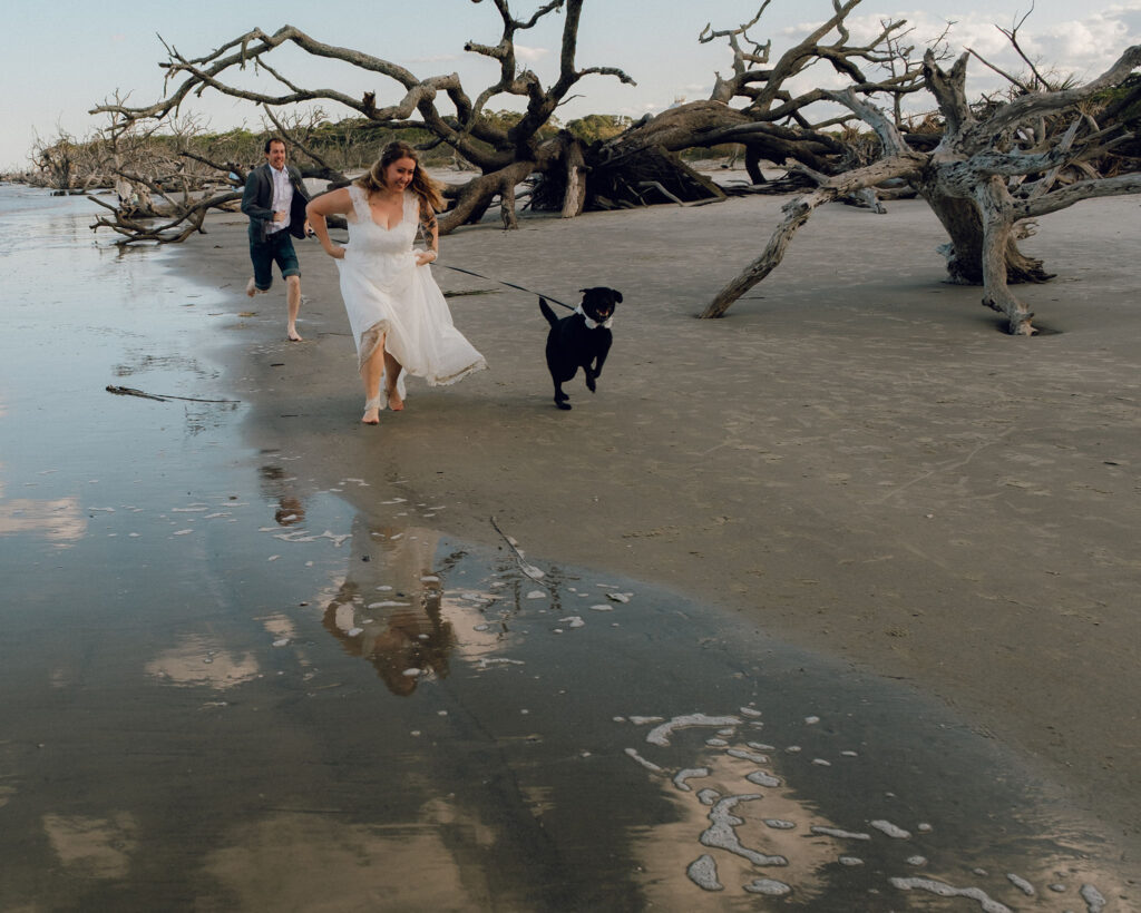 Eloping couple running with their dog on the beach.