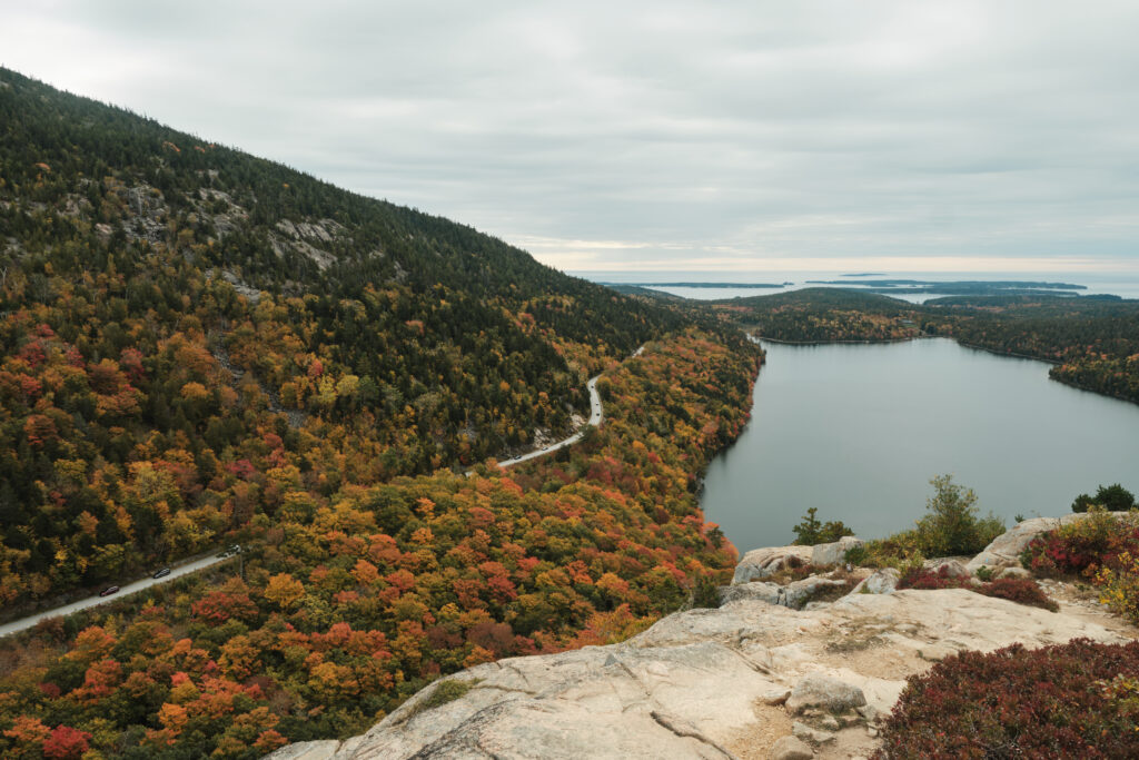 Acadia National Park looking down at a road and Jordan Pond